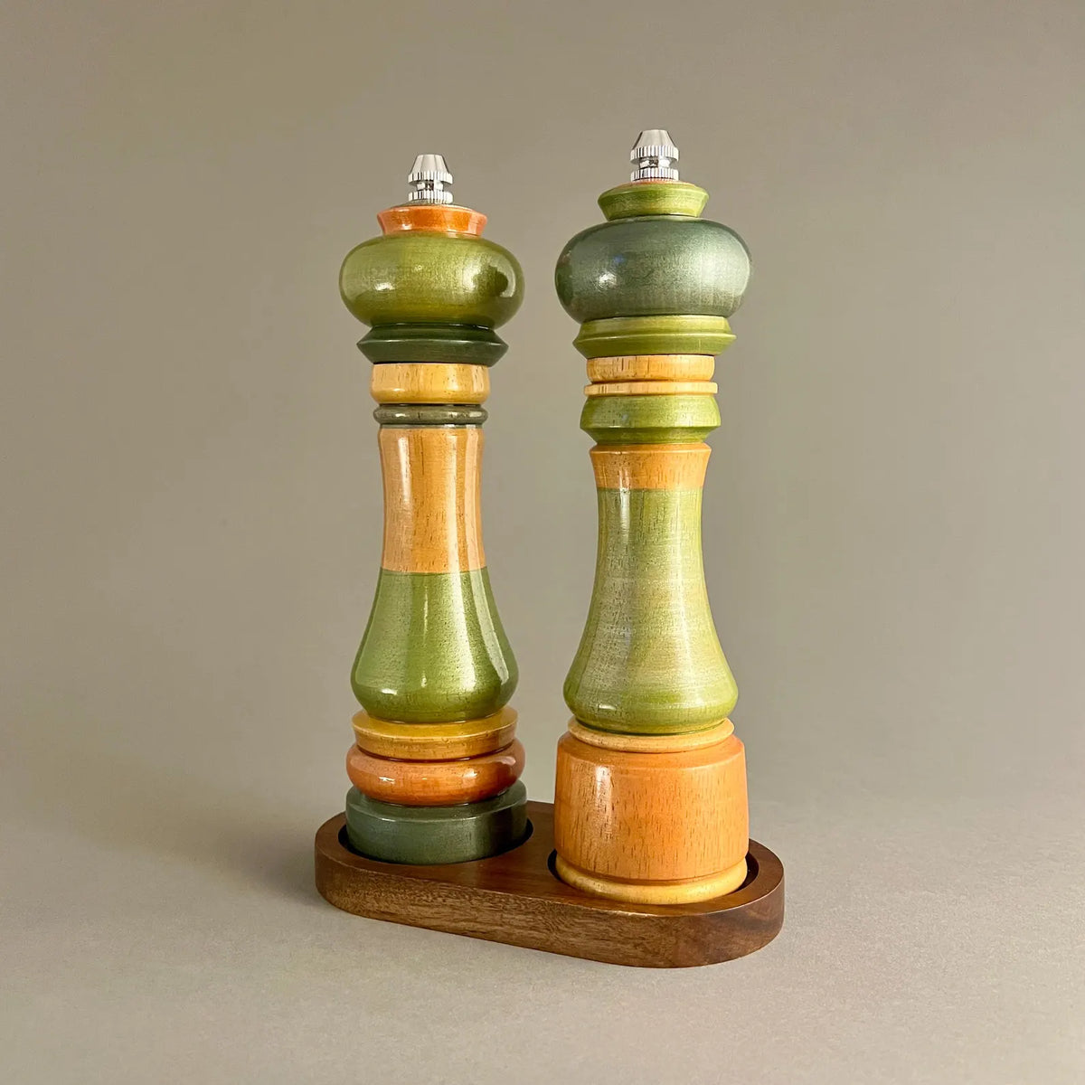 Wood Turned Salt & Pepper Shakers w/ Stand - Large Set