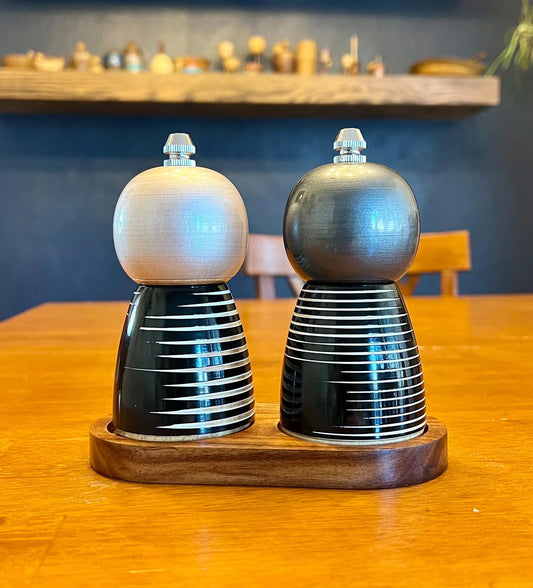 Wood Turned Salt & Pepper Shakers w/ Stand - Small Set