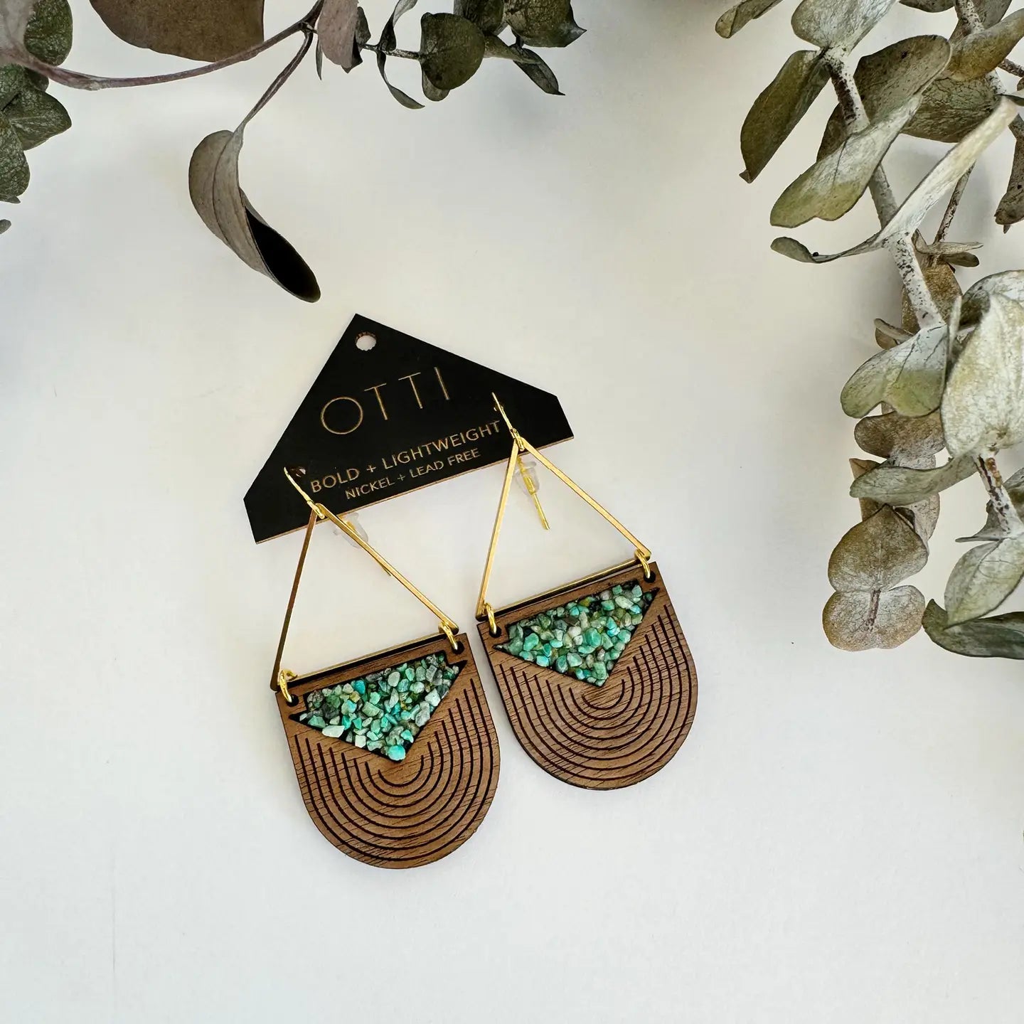 Turquoise Inlay TRIANGLE Earrings: WALNUT