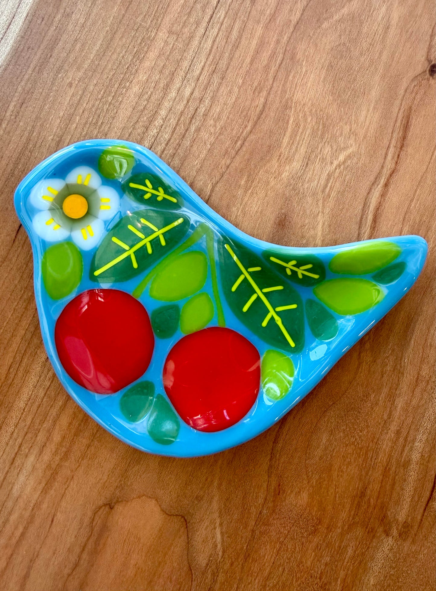 Fused Glass Bird Dish with Cherries