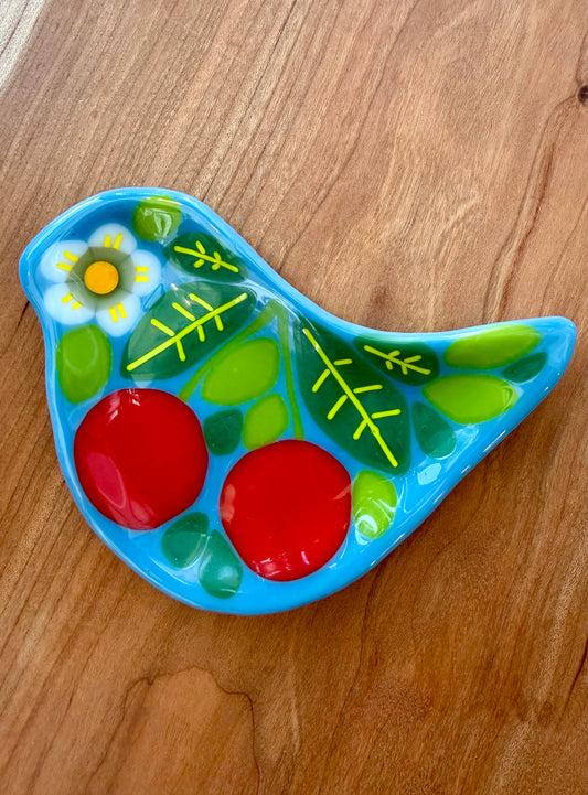 Fused Glass Bird Dish with Cherries