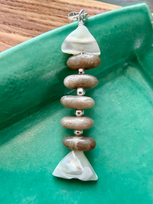 Mother of Pearl Stacked Petoskey Stone Fish Pendant