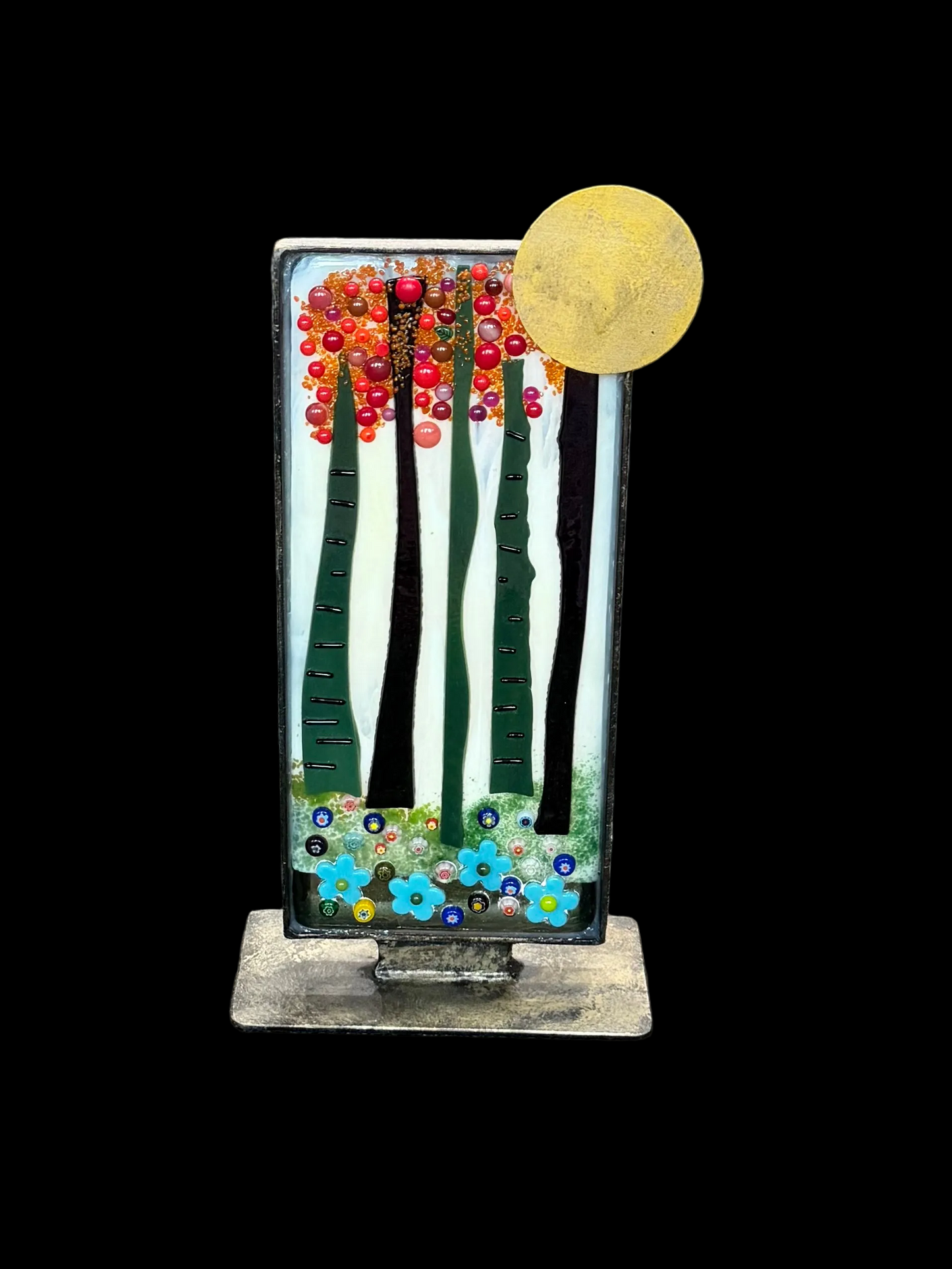 Enchanted Forest Fused Glass w/ Steel Sun & Frame